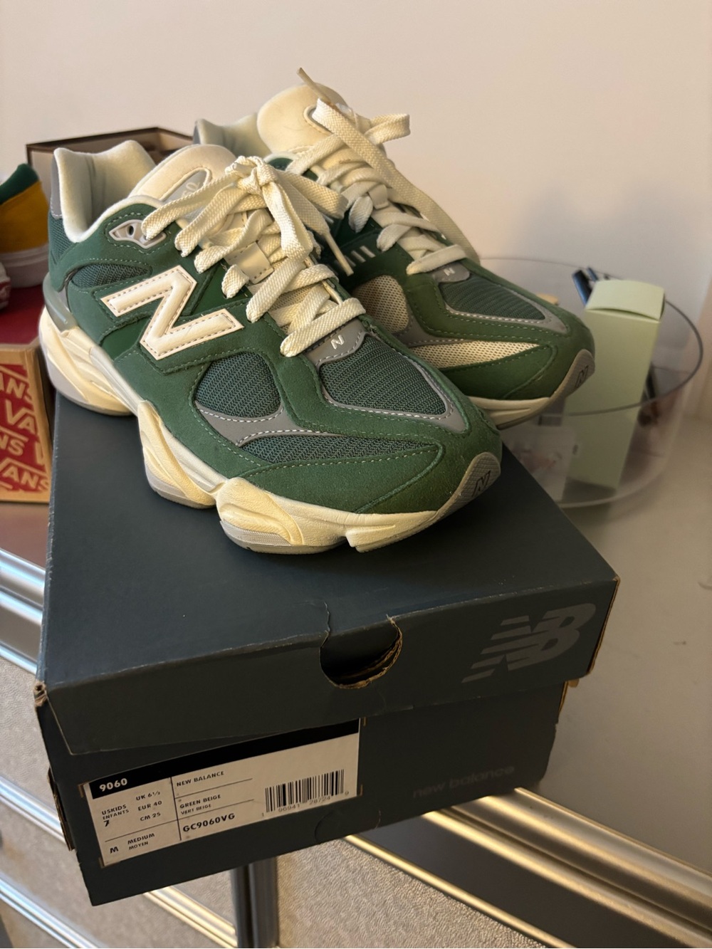 New Balance Kids Green and Cream Trail-Inspired Sneakers